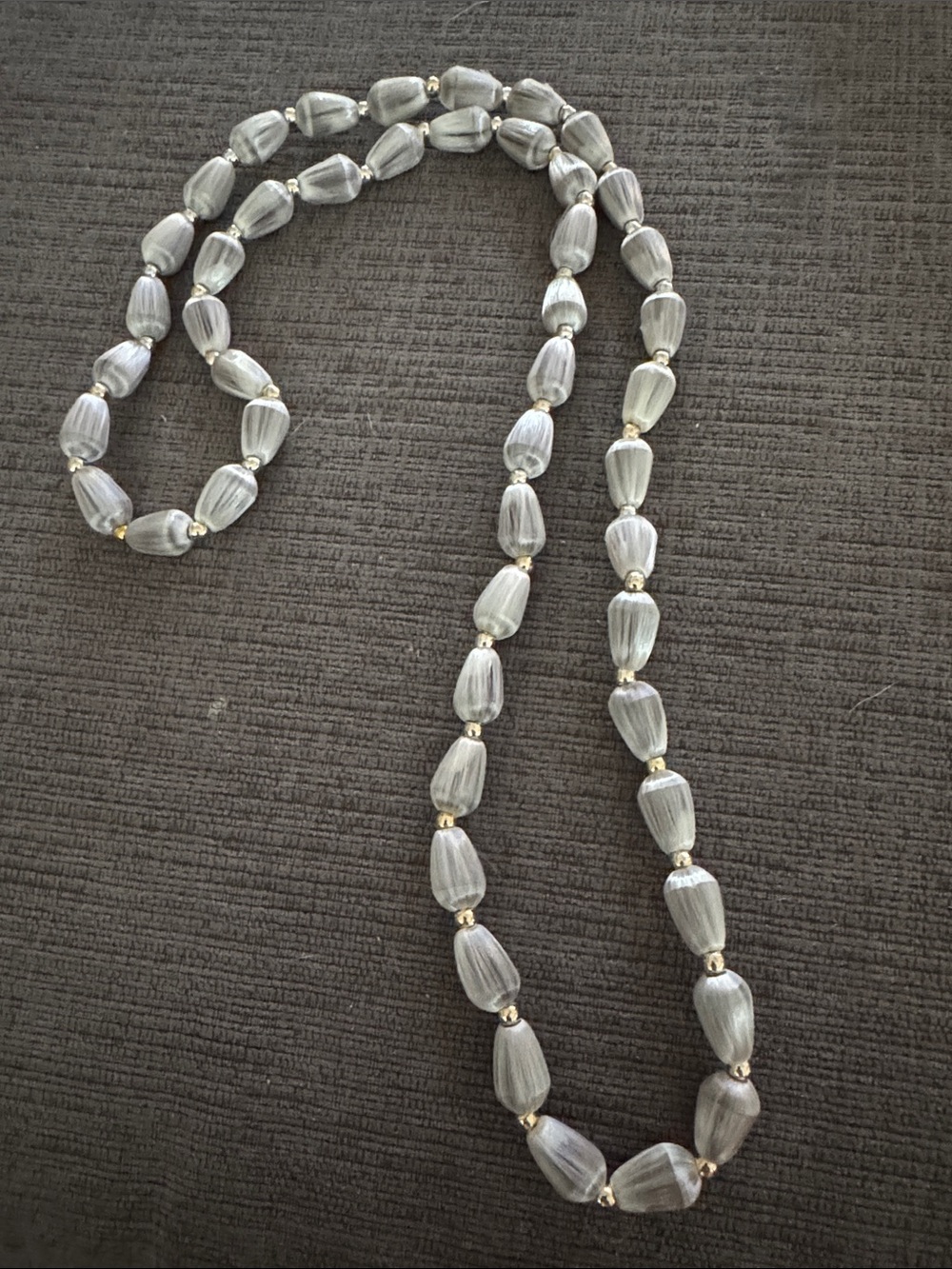 Vintage Silk Thread-Wrapped Teardrop Bead Strand Necklace with Gold Spacers 30”